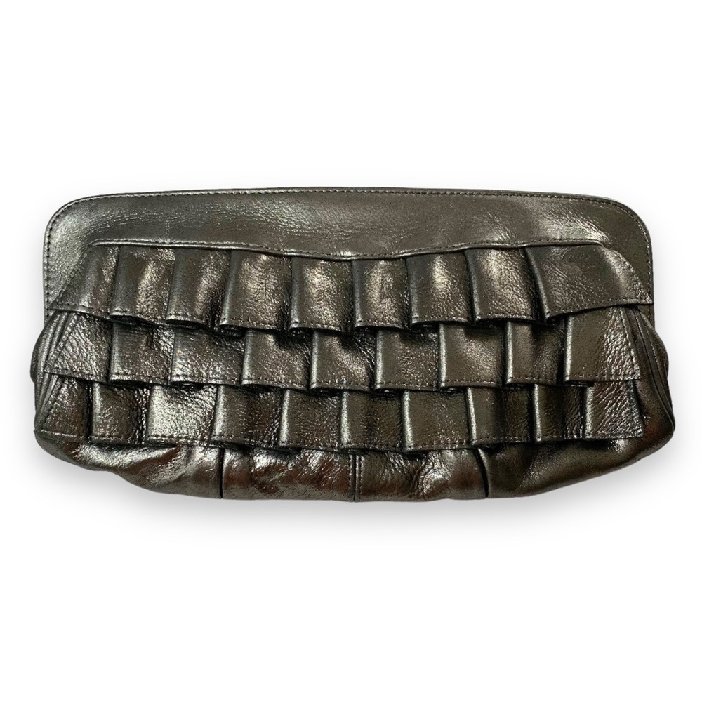 Treesje Gunmetal Metallic Ruffled Leather Oversized Clutch